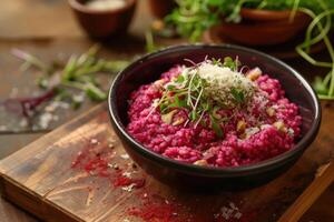 ai généré le radiant rouge, betterave Risotto, une gourmet chef-d'oeuvre dans chaque mordre. génératif ai photo