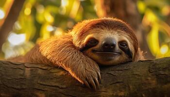 ai généré mignonne singe en train de dormir sur bifurquer, yeux fermé, dans tranquille forêt généré par ai photo