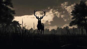 ai généré silhouette de cerf pâturage dans tranquille Prairie à le coucher du soleil généré par ai photo