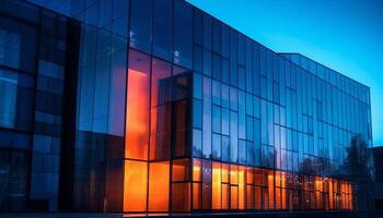 ai généré moderne verre gratte-ciel reflète vibrant ville lumières à nuit généré par ai photo