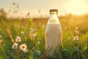 ai généré une bouteille de Frais Lait sur une ensoleillé été ferme prairie, herbe, la nature et les plantes. maquette, éco nourriture, laitier des produits concept idées. génératif ai photo