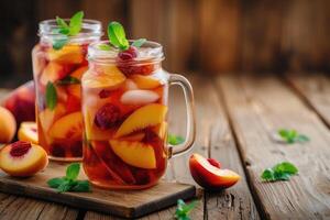 ai généré rafraîchissant pêche Sangria sur en bois cuisine Contexte photo