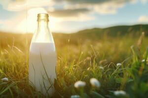 ai généré une bouteille de Frais Lait sur une ensoleillé été ferme prairie, herbe, la nature et les plantes. maquette, éco nourriture, laitier des produits concept idées. génératif ai photo