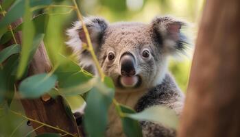 ai généré mignonne koala à la recherche à caméra dans vert tropical forêt tropicale généré par ai photo