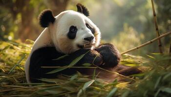 ai généré mignonne Panda en mangeant bambou dans le sauvage, entouré par vert généré par ai photo