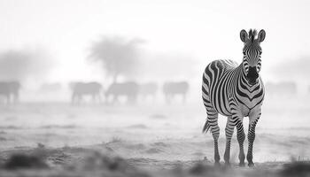 ai généré zèbre permanent dans le herbe, à la recherche à le caméra généré par ai photo