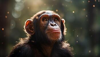 ai généré mignonne primate dans tropical forêt tropicale, à la recherche à caméra avec concentrer généré par ai photo