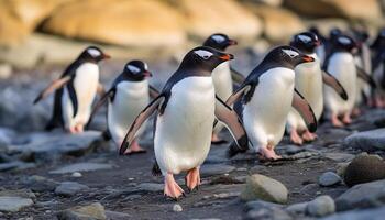 ai généré mignonne pingouins se dandiner sur neigeux littoral, la nature beauté dans concentrer généré par ai photo