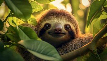 ai généré mignonne singe séance sur bifurquer, à la recherche à caméra, en mangeant généré par ai photo