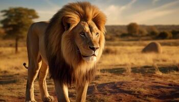 ai généré majestueux Lion des promenades dans le africain savane à le coucher du soleil généré par ai photo