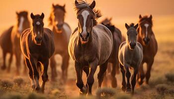 ai généré fonctionnement cheval dans Prairie à coucher de soleil, une magnifique rural scène généré par ai photo