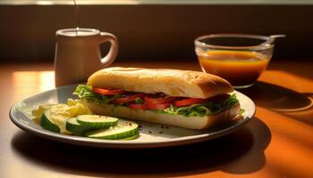 ai généré Frais gourmet sandwich sur en bois tableau, en bonne santé repas avec des légumes généré par ai photo