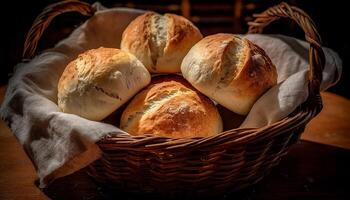 ai généré fraîchement cuit pain sur en bois tableau, une gourmet repas attend généré par ai photo