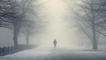 ai généré un la personne en marchant dans une effrayant hiver forêt paysage généré par ai photo