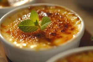 ai généré le parfait mariage de crème et caramel, dévoilement le secrets de crème brûlée. génératif ai photo