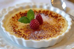 ai généré le parfait mariage de crème et caramel, dévoilement le secrets de crème brûlée. génératif ai photo