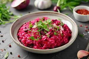 ai généré le radiant rouge, betterave Risotto, une gourmet chef-d'oeuvre dans chaque mordre. génératif ai photo