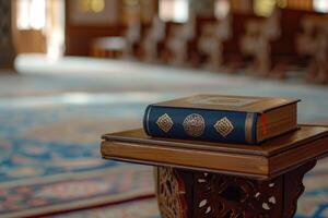 ai généré coran, saint livre de Islam dans mosquée. génératif ai photo