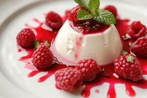 ai généré panna cotta avec framboises sauce et Frais menthe. génératif ai photo