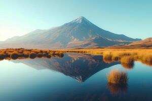 ai généré volcanique Montagne dans Matin lumière réfléchi dans calme des eaux de lac. génératif ai photo