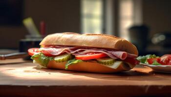 ai généré fraîcheur sur assiette grillé Viande, en bonne santé salade, gourmet sandwich généré par ai photo