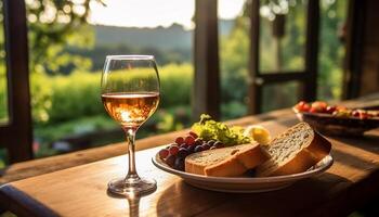 ai généré fraîcheur de la nature dans une rustique vignoble, profiter du vin et nourriture généré par ai photo