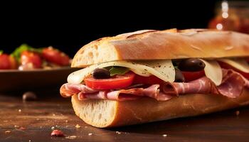 ai généré fraîcheur sur une assiette grillé pain ciabatta, prosciutto, et mozzarella sandwich généré par ai photo