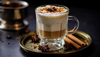 ai généré fraîchement brassée café, crémeux latté, et mousseux cappuccino sur en bois table généré par ai photo