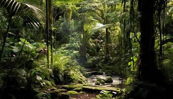 ai généré tranquille scène tropical forêt tropicale, vert des arbres, Frais eau, faune réserve généré par ai photo