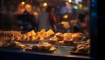 ai généré fraîchement cuit biscuits dans une gourmet boutique tenter Hommes à nuit généré par ai photo