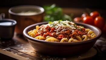 ai généré fraîchement cuit Pâtes avec bolognaise sauce, Viande, et des légumes généré par ai photo