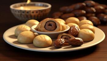 ai généré fait maison dessert une assiette de cuit Chocolat amande biscuits généré par ai photo