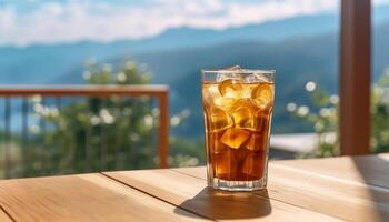 ai généré rafraîchissant boisson sur en bois table dans la nature magnifique paysage généré par ai photo