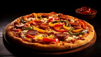 ai généré fraîchement cuit Pizza avec mozzarella, tomate, et des légumes généré par ai photo