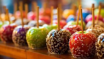 ai généré une coloré buffet de sucré traite bonbons, gâteau saute, et sucettes généré par ai photo