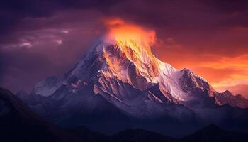 ai généré majestueux Montagne culminer, neige couvert, le coucher du soleil ciel, tranquille l'automne paysage généré par ai photo