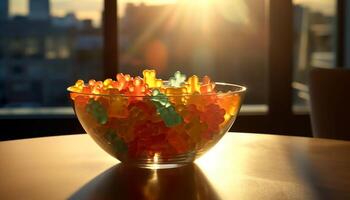 ai généré brillant, multi coloré des fruits rafraîchir le table dans le été lumière du soleil généré par ai photo