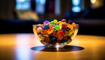 ai généré une coloré table de sucré nourriture et fruit décoration généré par ai photo