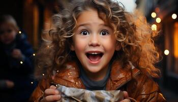 ai généré souriant enfant, bonheur, mignonne fille, hiver nuit, Noël lumières généré par ai photo