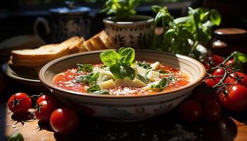 ai généré Frais végétarien repas tomate soupe, gourmet déjeuner, en bonne santé en mangeant généré par ai photo