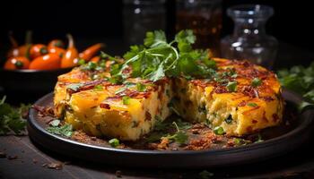 ai généré en bonne santé végétarien repas avec Frais légumes, fait maison sauce, et fondu fromage généré par ai photo