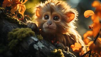 ai généré mignonne singe séance sur bifurquer, à la recherche à caméra dans forêt généré par ai photo