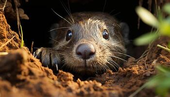 ai généré mignonne petit rat avec humide fourrure à la recherche en plein air dans la nature généré par ai photo