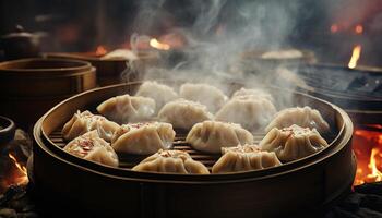 ai généré chinois culture vapeurs Viande Dumplings pour une gourmet le déjeuner généré par ai photo