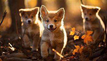 ai généré mignonne chiot en jouant dans le herbe, à la recherche à caméra avec joie généré par ai photo