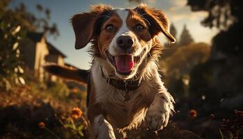 ai généré mignonne chiot en jouant dans le herbe, profiter le été lumière du soleil généré par ai photo