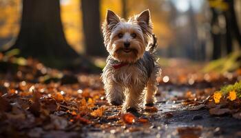 ai généré mignonne chiot en jouant dans le l'automne forêt, de race terrier bonheur généré par ai photo