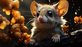 ai généré mignonne petit mammifère, duveteux fourrure, espiègle Souris séance dans arbre généré par ai photo