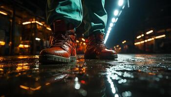 ai généré une Jeune homme en marchant dans le pluie, exercice en plein air généré par ai photo