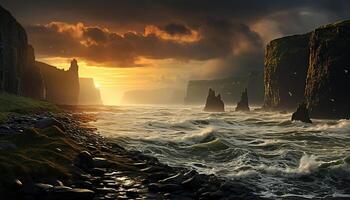 ai généré majestueux Roche falaise reflète tranquille crépuscule plus de l'eau généré par ai photo